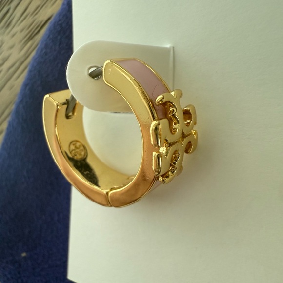 Tory Burch Gold Plated and Pink Enamel Logo Hoop Earrings - Picture 3 of 5
